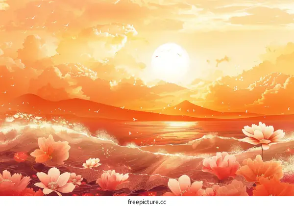 Sunset by the Beach with Flowers
