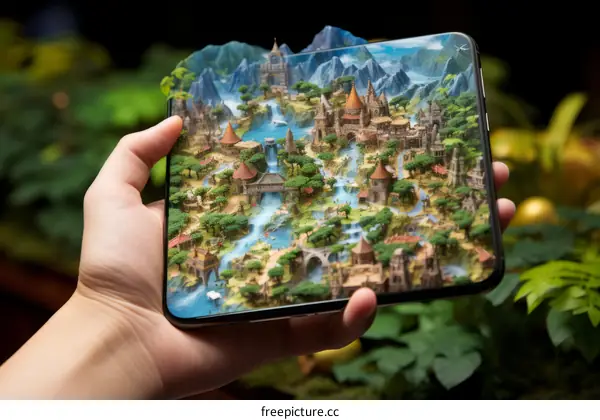 A hand holding a smartphone with a 3D map of a fantasy world