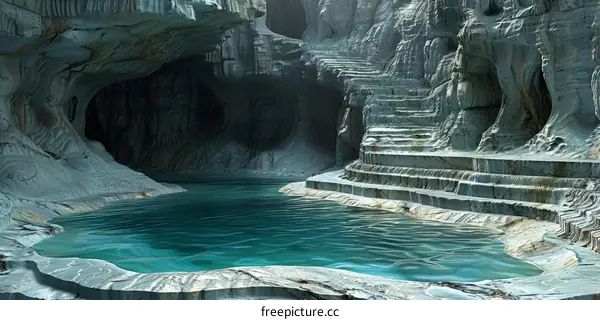 Mystical Underground Lake with Glowing Stairs