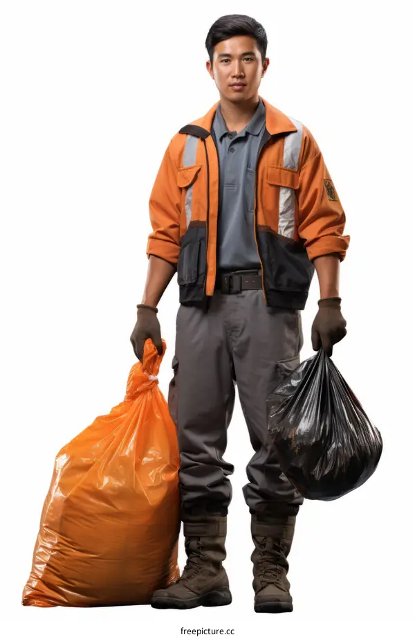 Portrait of a sanitation worker in uniform holding two garbage bags