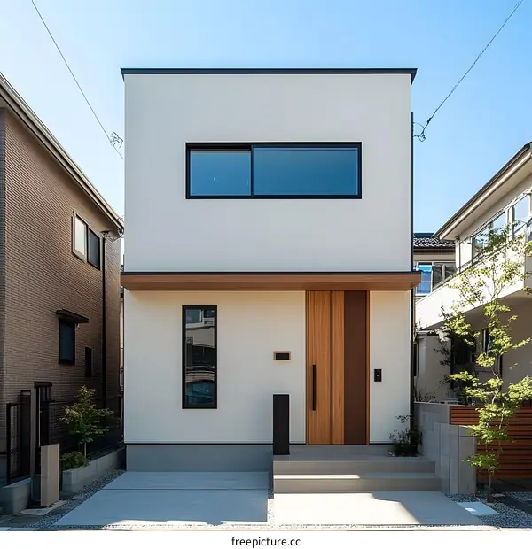 Modern White House with Wooden Door and Window