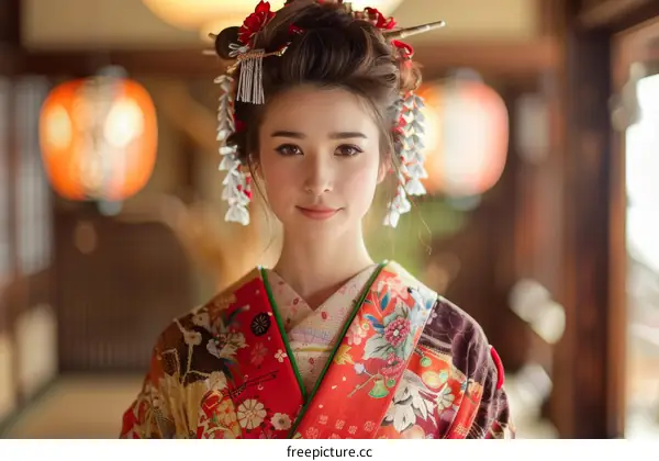Portrait of a beautiful Japanese woman in traditional kimono
