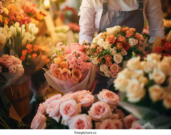 Florist holding a bouquet of pink and orange roses