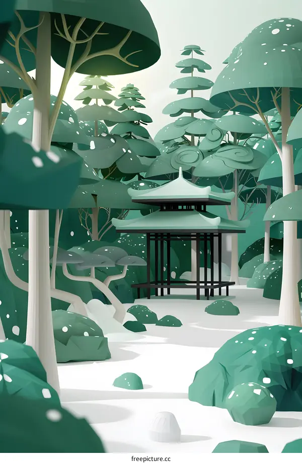Low Poly Style Winter Forest Scene With Pagoda