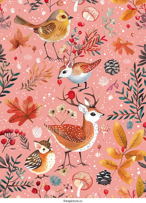 Cute Watercolor Seamless Pattern With Deer Birds And Mushrooms
