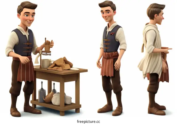 3d rendering of a male character with brown hair wearing a brown vest and white shirt