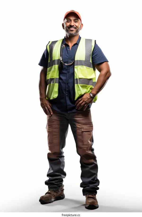 Portrait of a smiling construction worker wearing a hard hat and safety vest