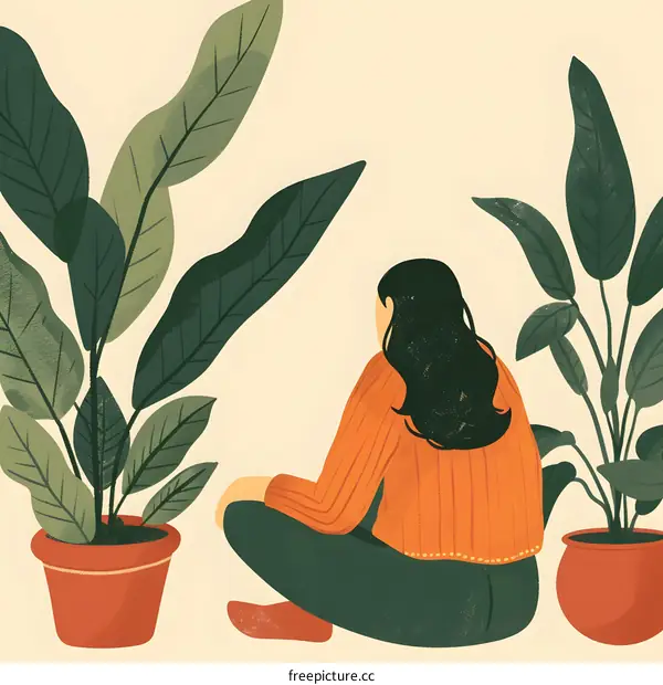 Woman Sitting in a Potted Plant Garden