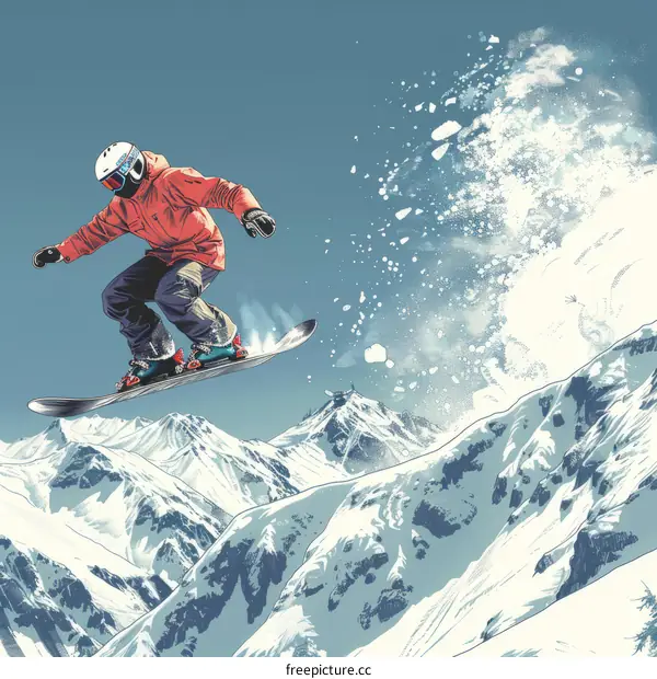 Expert Snowboarder Jumps High on Snowy Mountain