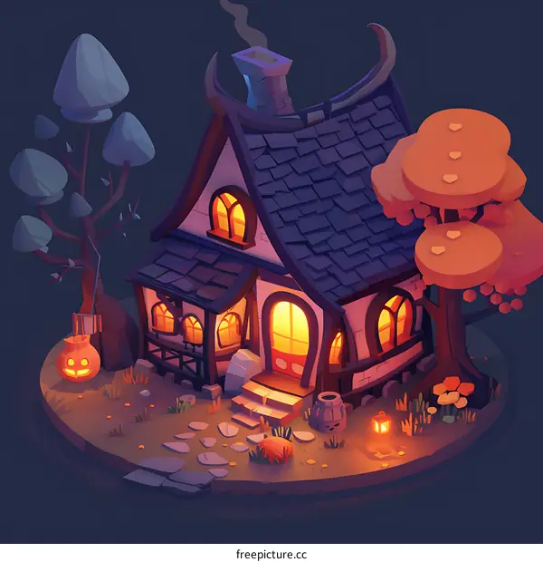 Haunted Cottage Illustration With Pumpkin And Lanterns