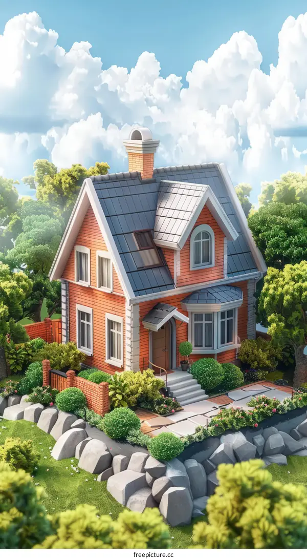 Cute Cartoon Cottage with Garden