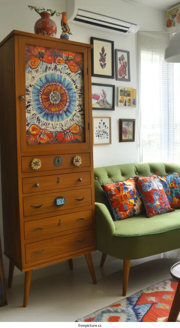Colorful Vintage Wooden Chest of Drawers in a Living Room