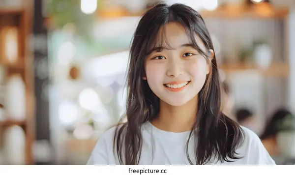 Young Asian Woman Smiling In Cafe