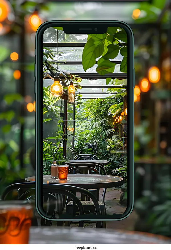 Smartphone Display of Outdoor Cafe with Green Plants
