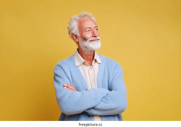 Thoughtful Senior Man Posing Against Yellow Background