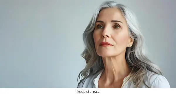 portrait of a beautiful middle aged woman with gray hair