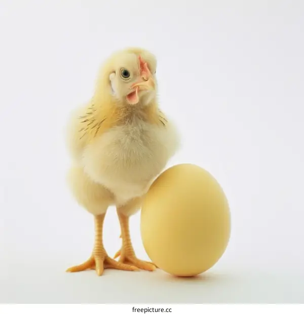 A fluffy yellow baby chicken stands next to a large egg