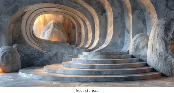 An abstract image of a stone structure with a glowing entrance