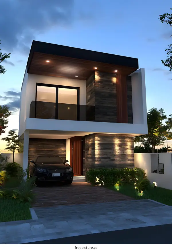 Modern Two Story House Design With Stone Wall Exterior