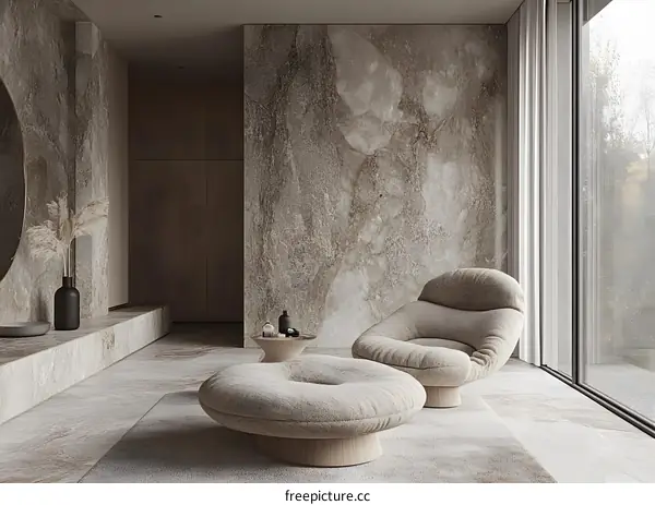 Modern Living Room Interior Design With Beige Armchair and Ottoman