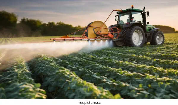 Tractor spraying pesticides on soy field