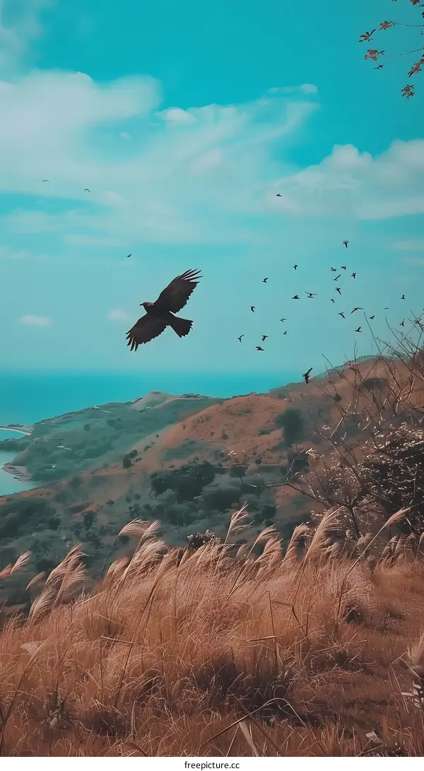 Bird Flying Over Mountains and Grasslands