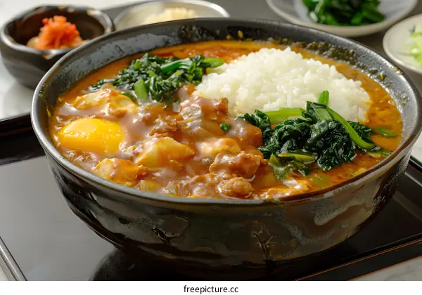 Japanese beef curry with spinach and egg