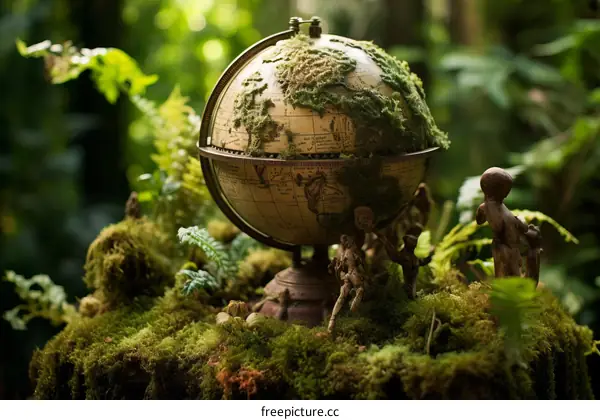 Moss Covered Globe Nestled in Lush Forest Foliage