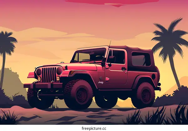 Jeep Illustration at Sunset with Palm Trees