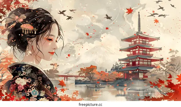 A painting of a Japanese woman in a kimono standing in front of a pagoda