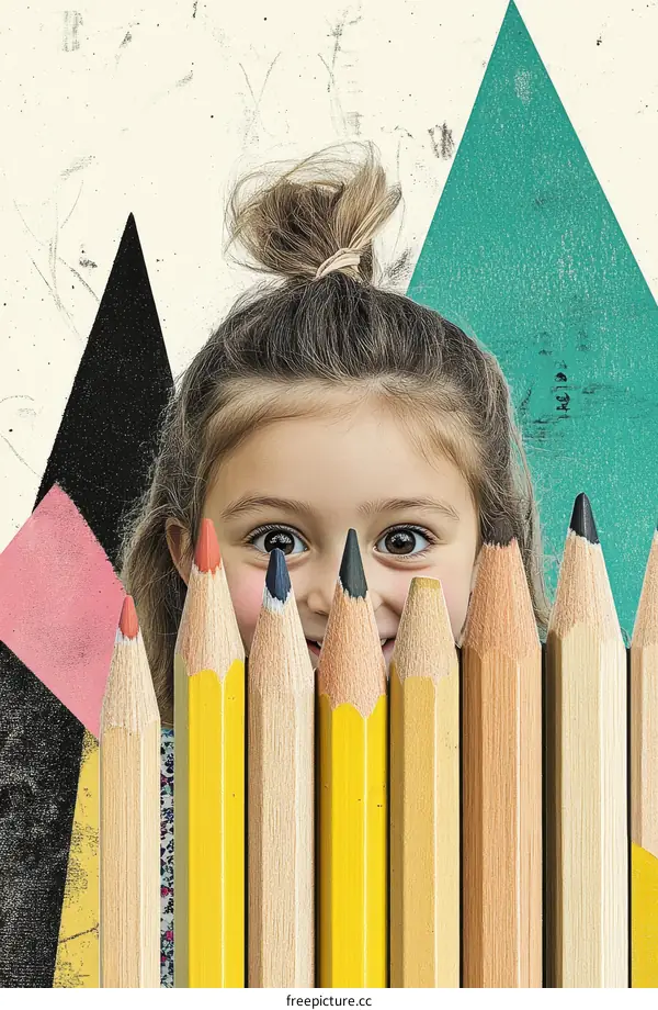 Child Peeking Through Colored Pencils Art Illustration