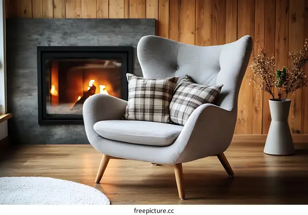Cozy Gray Armchair by the Fireplace