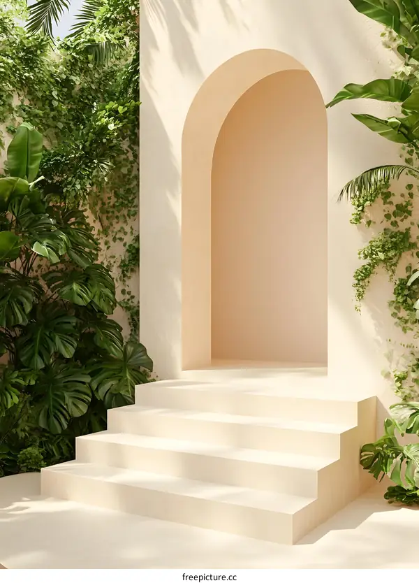 White Steps Leading to Archway With Lush Tropical Plants