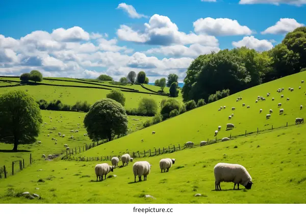 Grazing sheep on a lush green hillside