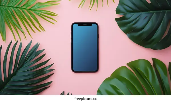 Black Smartphone with Green Leaves on Pink Background