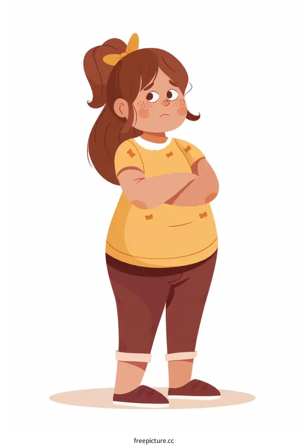 Illustration of a girl with brown hair and freckles looking sad