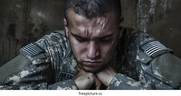 A soldier sits with his head in his hands