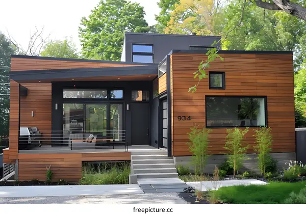 Modern House Exterior with Wooden Siding and Black Windows