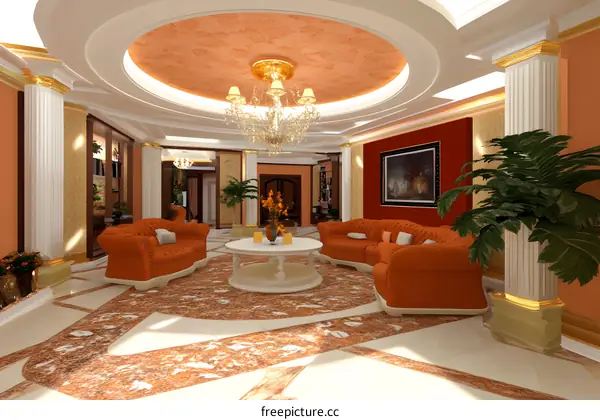 Luxury Living Room Interior Design With Orange Couches And Chandelier