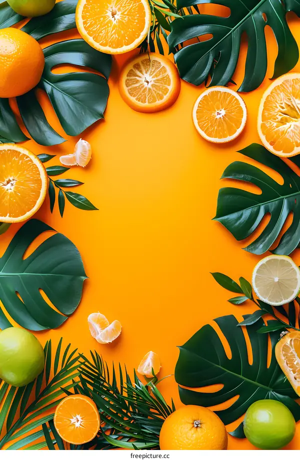 Tropical Fruits and Leaves on Orange Background