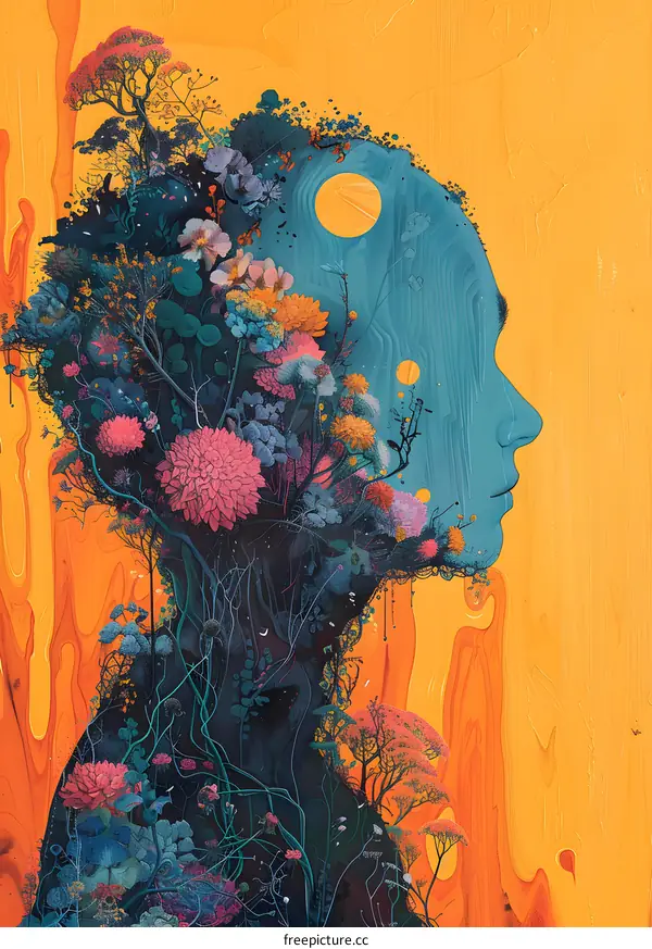 Abstract Painting with Colorful Flowers and a Blue Silhouette of a Person
