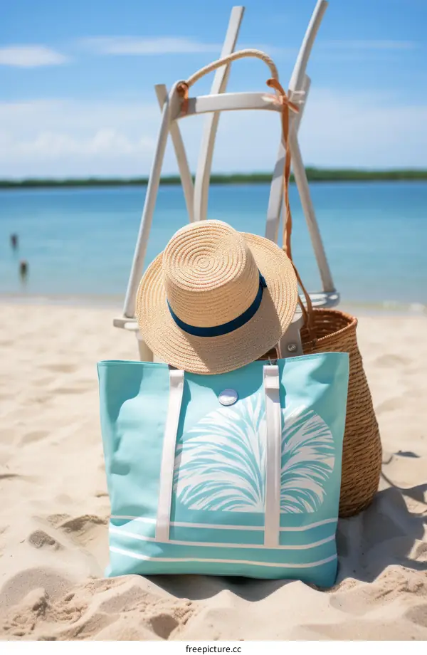 Beach tote bag with palm tree pattern and straw hat on the sand