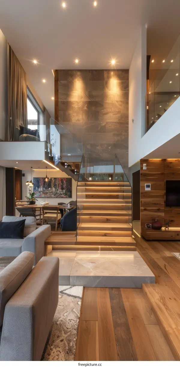 Modern home staircase with glass railing