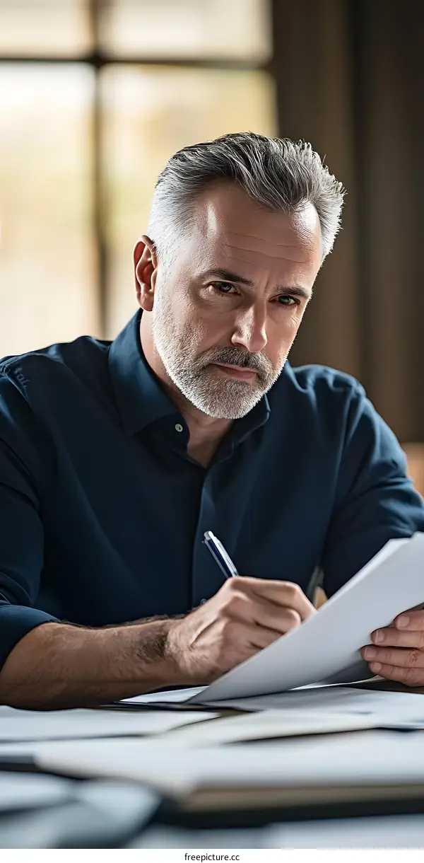 Man with Gray Hair Reviewing Documents at Desk