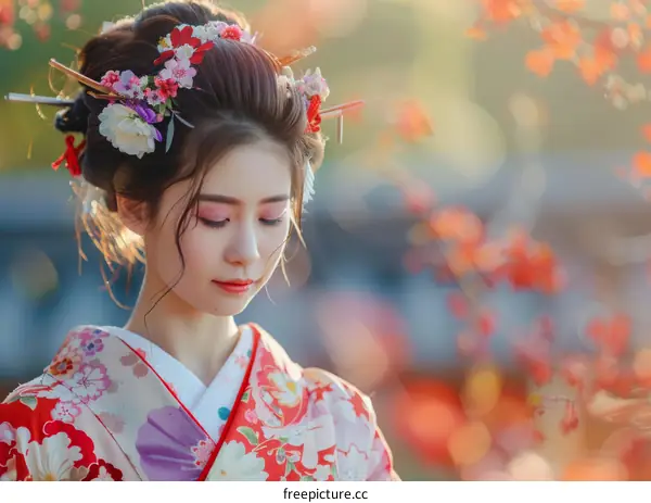 A beautiful Japanese woman wearing a kimono with flowers in her hair