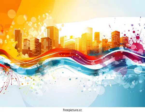 Cityscape and Colorful Waves