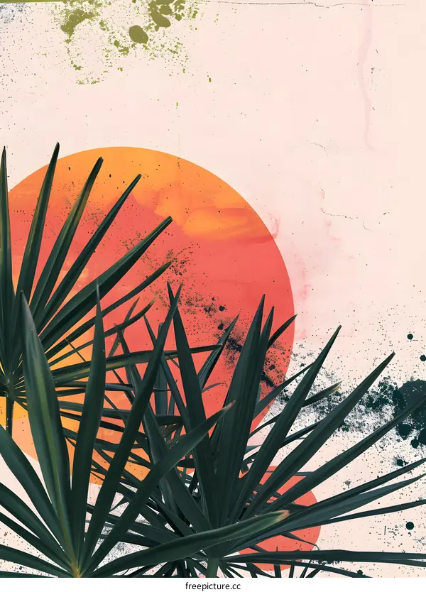 Tropical Palm Leaves with Sunset Circle on Abstract Background