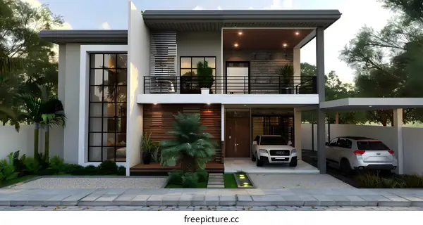 Modern Two Storey House with Garage and Landscaping