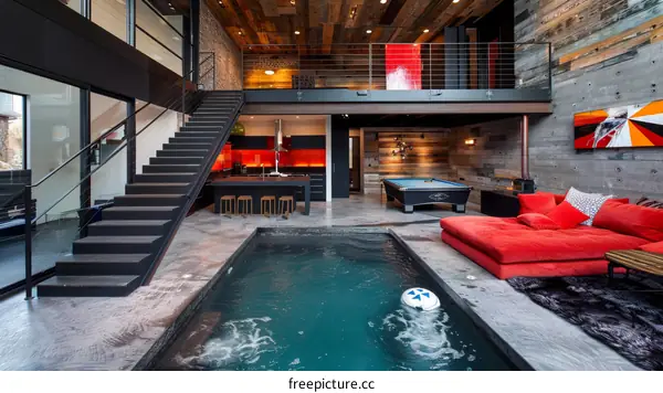 Modern House Interior with Swimming Pool, Billiard Table and Unique Red Sofa