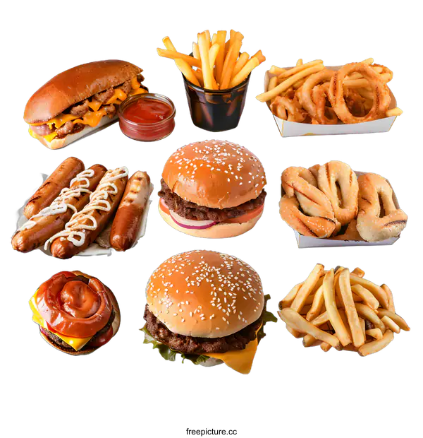 [Transparent Background PNG]Fast Food, Burgers, Fries, Onion Rings, and Hot Dog